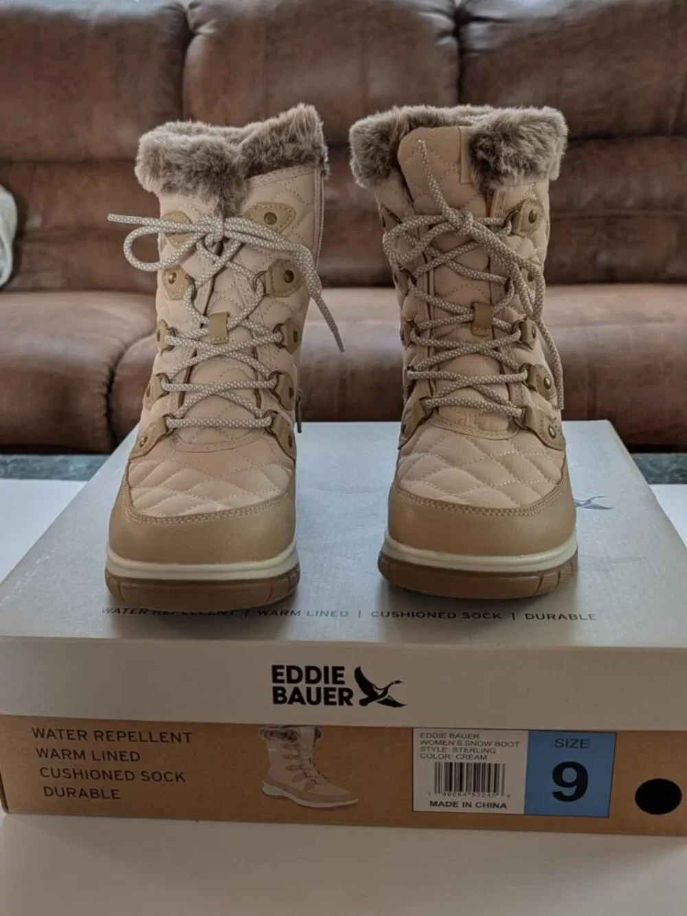 Eddie Bauer Women's Sterling Faux Fur Trim Snow Boot, Cream Size 6 or 9 - New